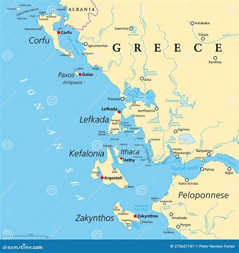 Ionian Islands Region Of Greece, Greek Islands In Ionian Sea, Political Map Cartoon Vector ...