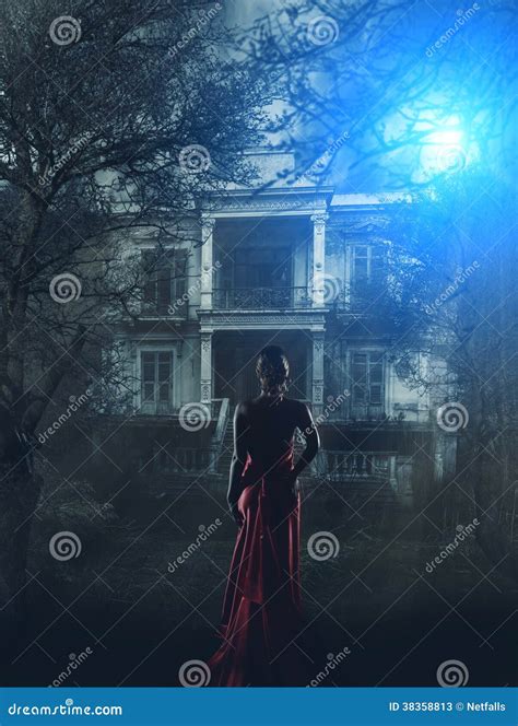 Woman in Red Dress at Haunted House Stock Image - Image of beautiful, gate: 38358813