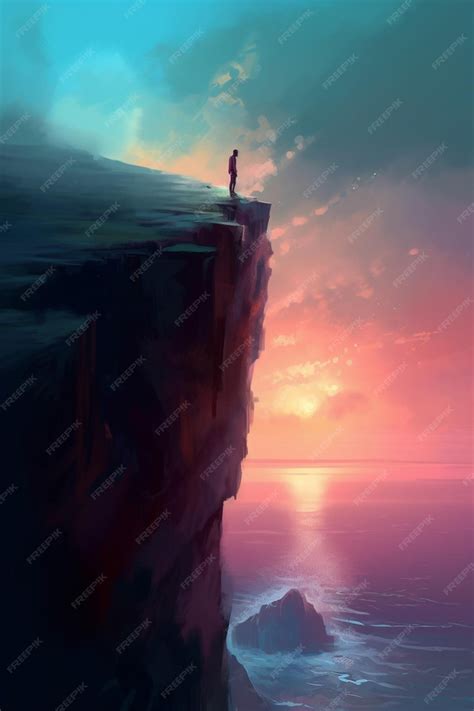 Premium AI Image | A man stands on a cliff looking at the sunset.