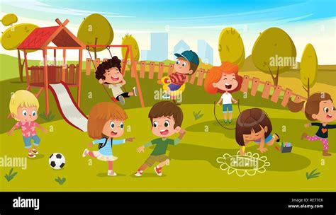 Kids Play Park Playground Vector Illustration. Children Swing Outdoor ...