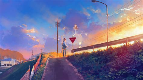 Download wallpaper 1920x1080 sunset, pathway, anime girl, original ...