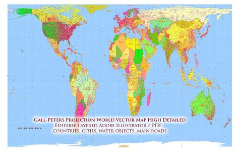 _World Gall-Peters Projection Political Map Vector High detailed fully editable Layered Adobe ...