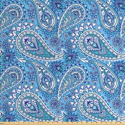 Blue Paisley Fabric by The Yard, Motifs of Traditional Flowers Motif Arrangement in Blue Tones ...