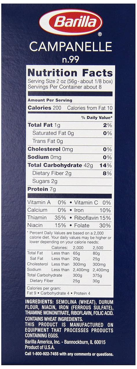 barilla pasta nutrition facts