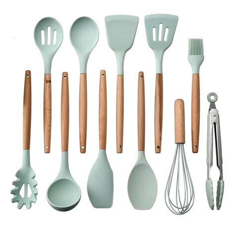 11PCS Cooking Utensils Kitchen Utensil Set Silicone Kitchenware Set Wooden Handle Cookware Set ...