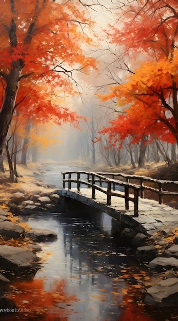 Premium Photo | Autumn scenery with wooden bridge