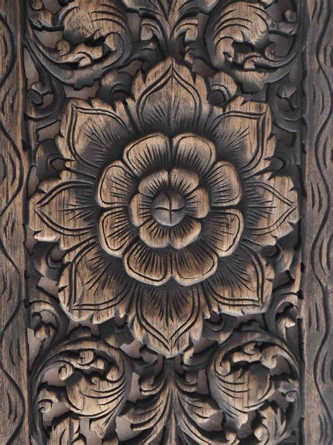 Thai Lotus Wood Carving Wall Art Panel - Siam Sawadee