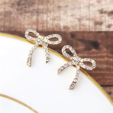 Tiny Rhinestone Bow Studs Earrings Gold Bow Earrings by Rudiana