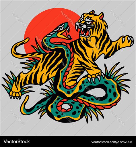 Tiger head and snake fighter tattoo Royalty Free Vector