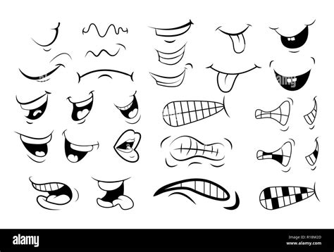 outline Cartoon Mouth Set . Tongue, Smile, Teeth. Expressive Emotions. Simple flat design ...