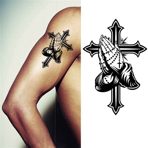 Buy 6 Sheets Temporary Tattoos for Women Adults Praying Hands Chain Big Cross Behind It ...