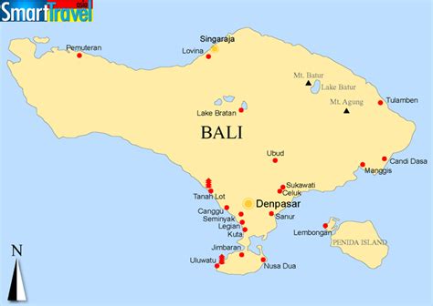 Detailed A4 printable map of Bali listing popular places, cities, tourist resort areas, temples ...