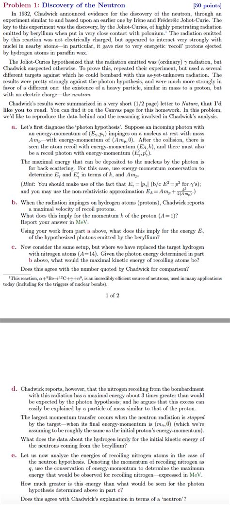 Solved Problem 1: Discovery of the Neutron (50 points) In | Chegg.com