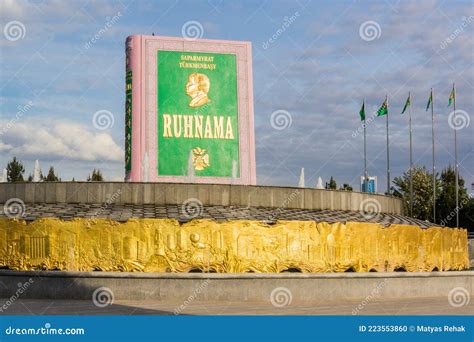 ASHGABAT, TURKMENISTAN - APRIL 17, 2018: Statue of Ruhnama, Book of the Soul, Written by ...