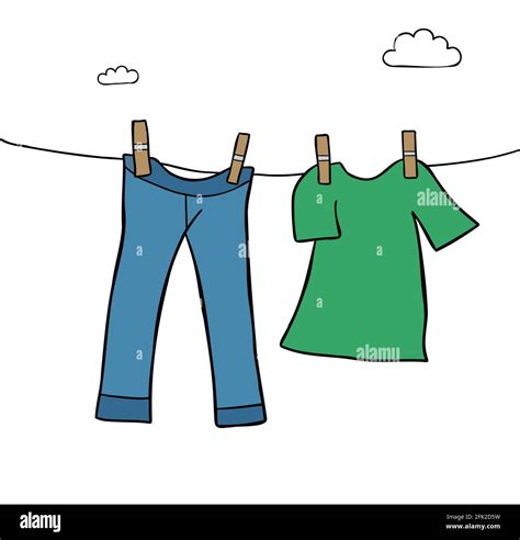 Cartoon vector illustration of hang laundry clothes on a clothes line, jeans and t-shirt ...