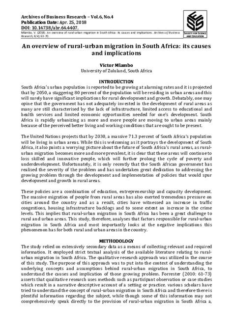 (PDF) An overview of rural-urban migration in South Africa: its causes and implications | Victor ...