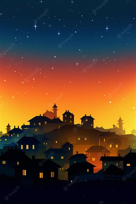 Premium Photo | A cartoon illustration of a town at night with a sunset background.