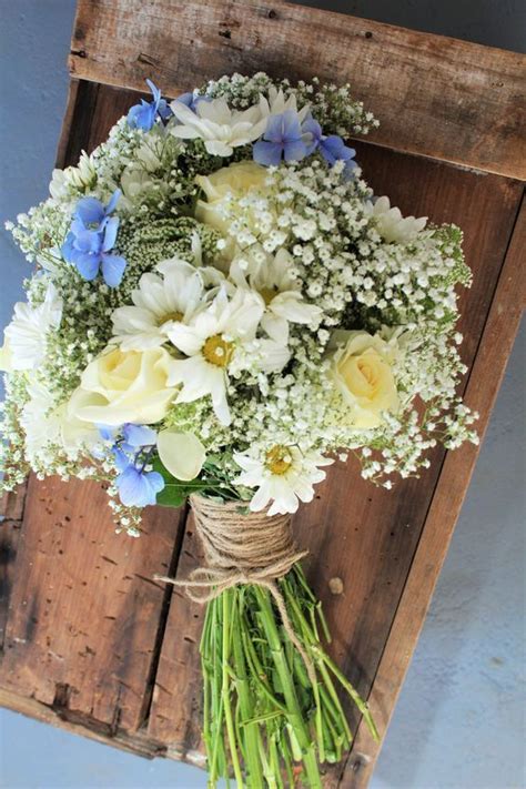 Rustic "Wildflower" Style Wedding Bouquet: White Gypsophila, White/Yellow Daisies, Ivory Roses ...