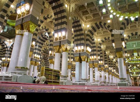 Interior of Masjid (mosque) Nabawi in Al Madinah, Saudi Arabia. Nabawi ...