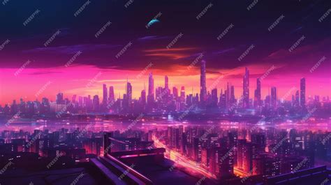 Premium Photo | Panoramic view of night city synthwave in the night