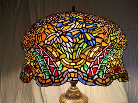 Antique Stunning Large Tiffany Style Stained Glass Table Lamp~3 Bulbs with Pull Strings~Bronze ...