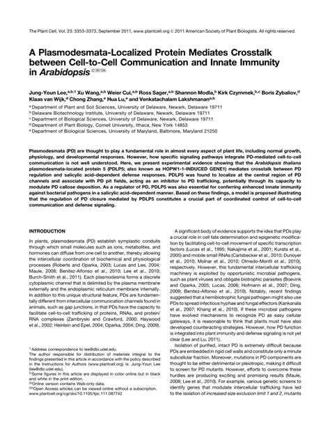 (PDF) A Plasmodesmata-Localized Protein Mediates Crosstalk between Cell ...