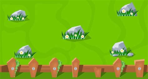 Premium Vector | Cartoon garden background with grass flowers and fence