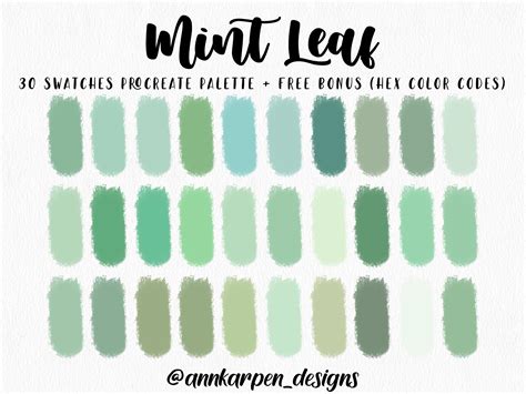 Mint Leaf Procreate Palette, 30 HEX Color Codes, Instant Digital Download, iPad Pro Art Wedding ...