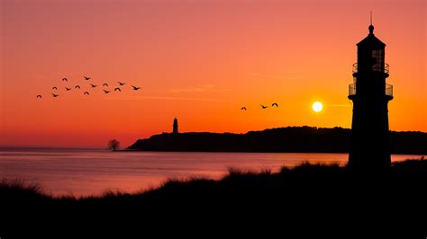 Download Flock Of Birds Ocean Sunset Man Made Lighthouse 4k Ultra HD Wallpaper by marucha