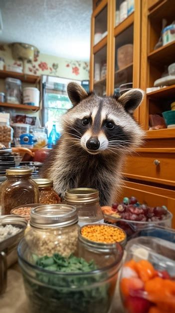 Premium AI Image | A raccoon stands in front of a counter full of food.