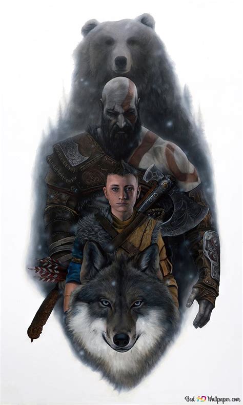 God of War Ragnarok - Atreus, Kratos and Bear 4K wallpaper download