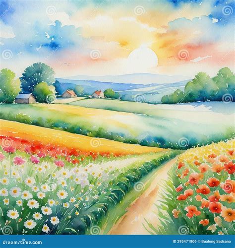 Hand Watercolor Painting of Field of Painting of Summer Scene with a Stock Illustration ...