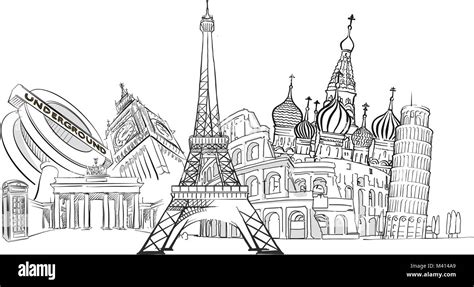 Travel to Europe Landmarks. Tourism sketch concept with Famous ...