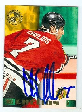 Chris Chelios autographed hockey card (Chicago Blackhawks) 1995 Topps Stadium Club #38