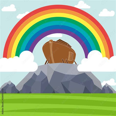 Noah's Ark. Rainbow over the ark. Sign from God. The flood Stock Vector | Adobe Stock