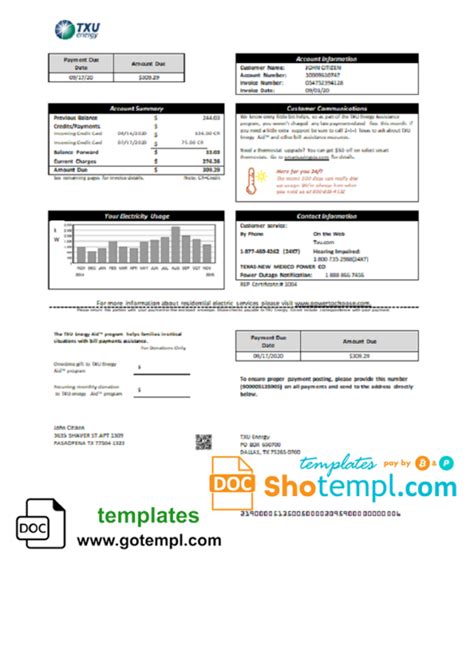 USA Texas TXU Energy utility bill template in Word and PDF format ...