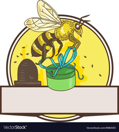 Bee Carrying Gift Box Skep Circle Drawing Vector Image