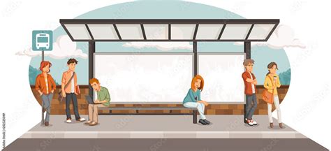 Passengers at bus stop. Cartoon people waiting for bus. vector de Stock | Adobe Stock