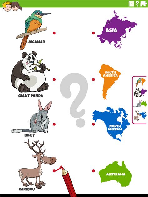 match cartoon animal species and continents educational task 7456142 Vector Art at Vecteezy