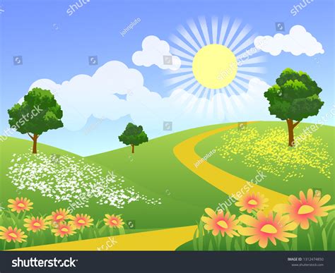 Sunny Day Spring Landscape Vector Background Stock Vector (Royalty Free) 1312474850 | Shutterstock