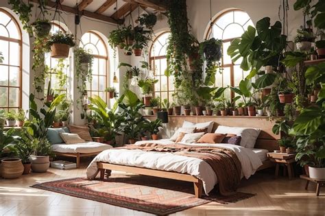 Premium AI Image | Modern boho bedroom with many plants cozy bed and view at the garden