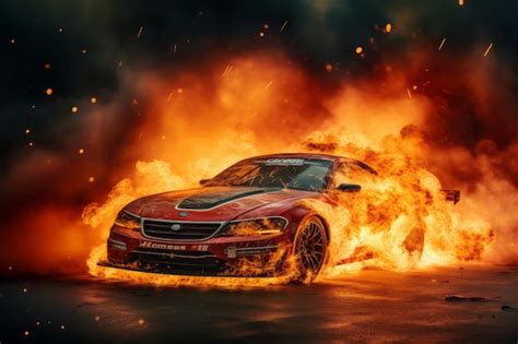 Premium AI Image | Car ignites in drag racing start with smoke and flames