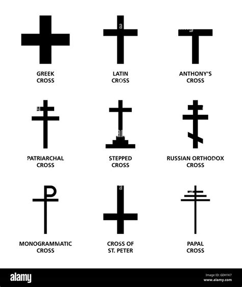 Christian cross variants. The nine most important main religious symbols of Cristianity Stock ...