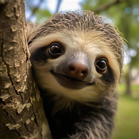 Premium AI Image | A sloth hanging upside down from a tree branch its face peering out from ...