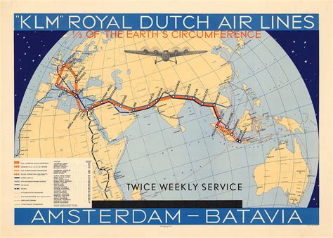 KLM Royal Dutch Airlines - Amsterdam to Batavia - Map of the Air Route - Historical map Mixed ...