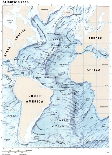 Map of the Atlantic Ocean with islands, seas and bays, map for free used - World atlas