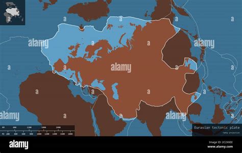 Eurasian plate shape outlined on a darkened and desaturated background of the pattern map with ...