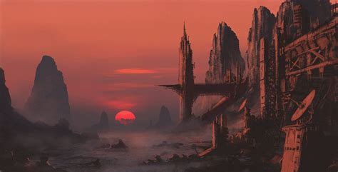 Done and Dusted by derbz sunset mining colony alien planet landscape location environment ...