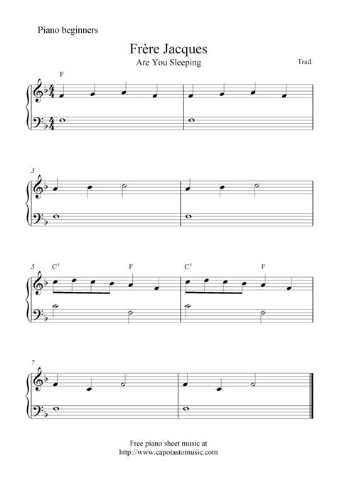 Free piano sheet music notes for beginners, Frère Jacques (Are You Sleeping)