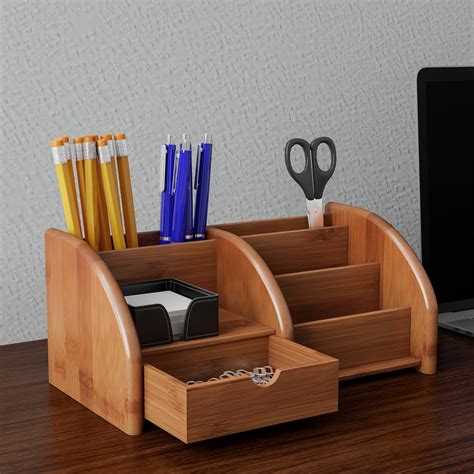 5 Compartment Bamboo Desk Organizer - Wooden Office Supply Storage ...